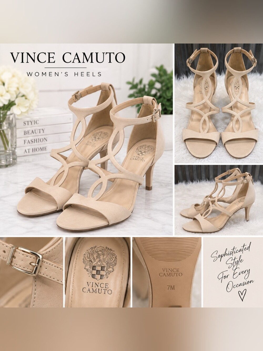 Vince Camuto Beige Strappy Ankle-Heel Sandals